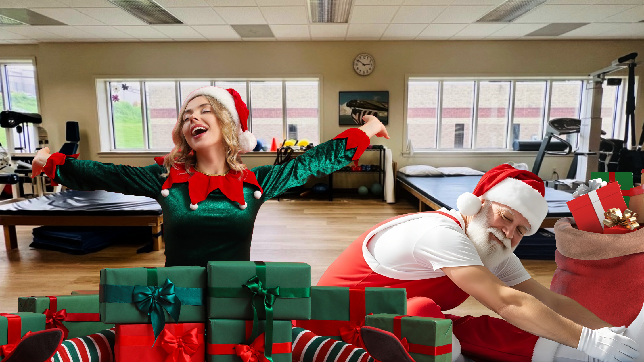 Santa and Elf stretching at Lancaster West